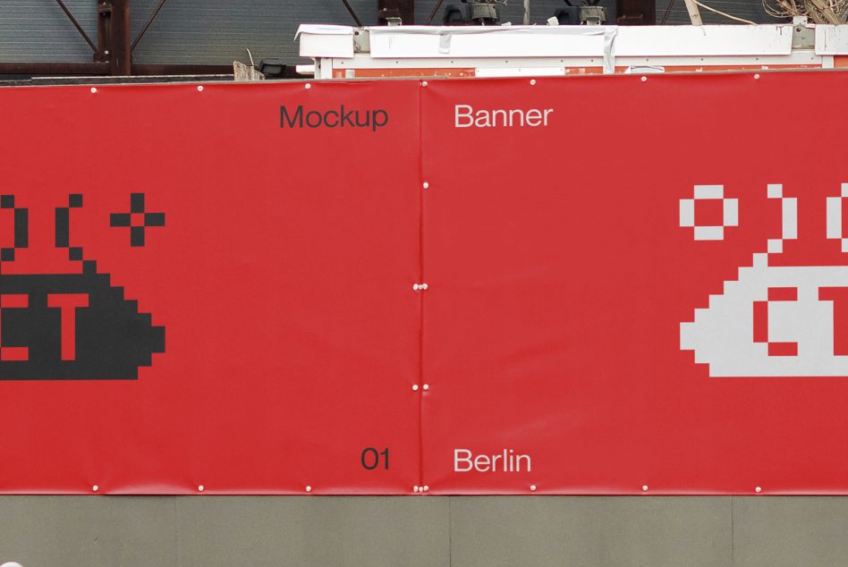 Large red fabric banner with black, white pixel aliens, dual design split