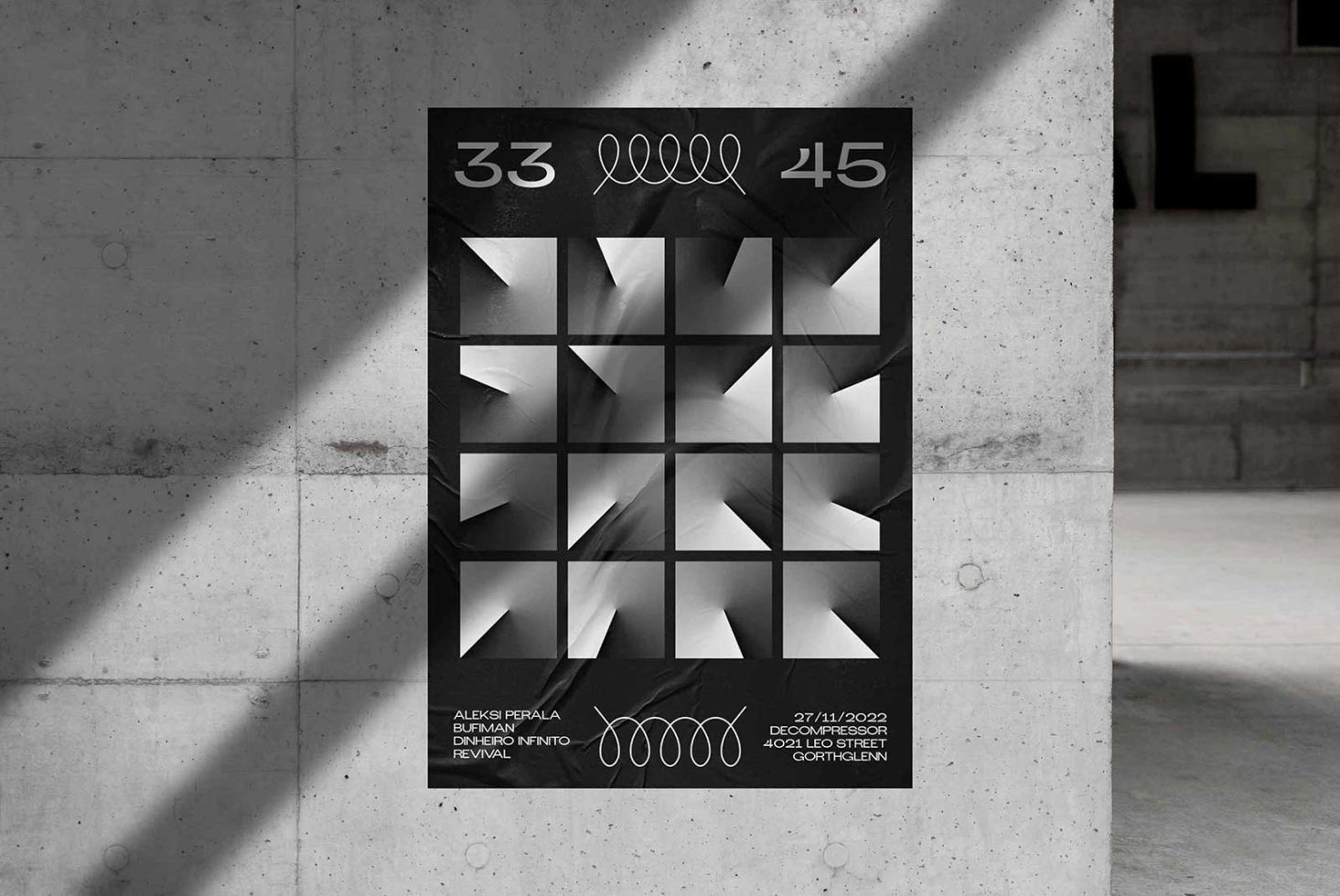 Modern poster design with abstract geometric shapes, minimalist black and white, concrete wall background, suited for template and graphics category.