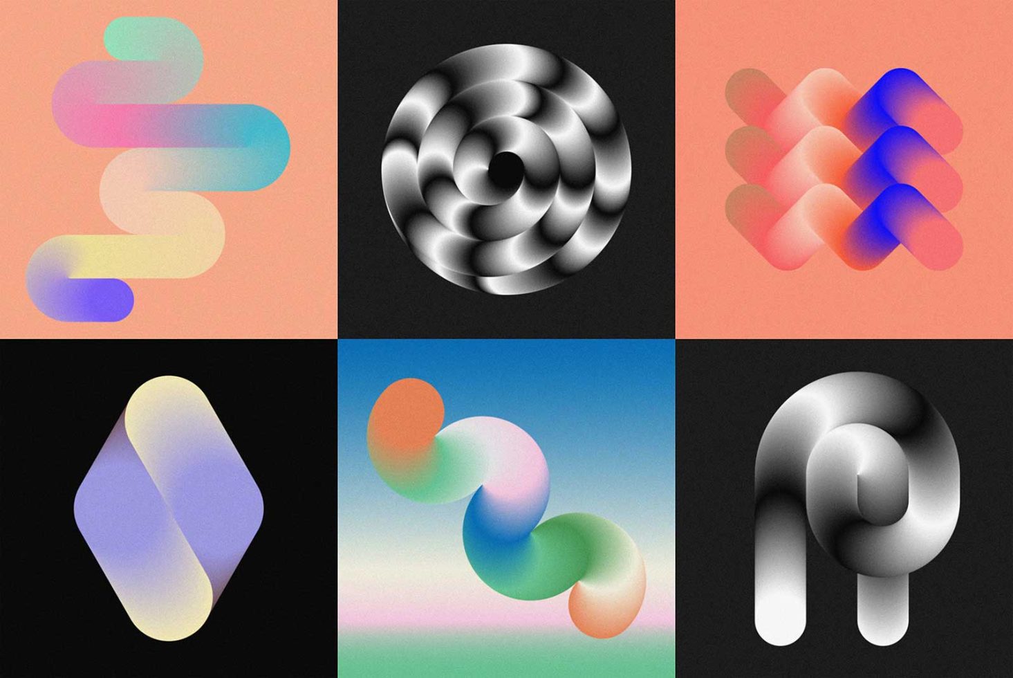 Six abstract 3D graphic design elements with gradients and shadows on textured backgrounds, useful for digital asset mockups and presentations.