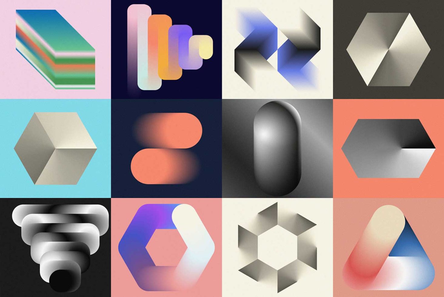 Collection of 12 abstract geometric shapes with gradients and shadows, ideal for modern graphics, templates, and mockup designs.