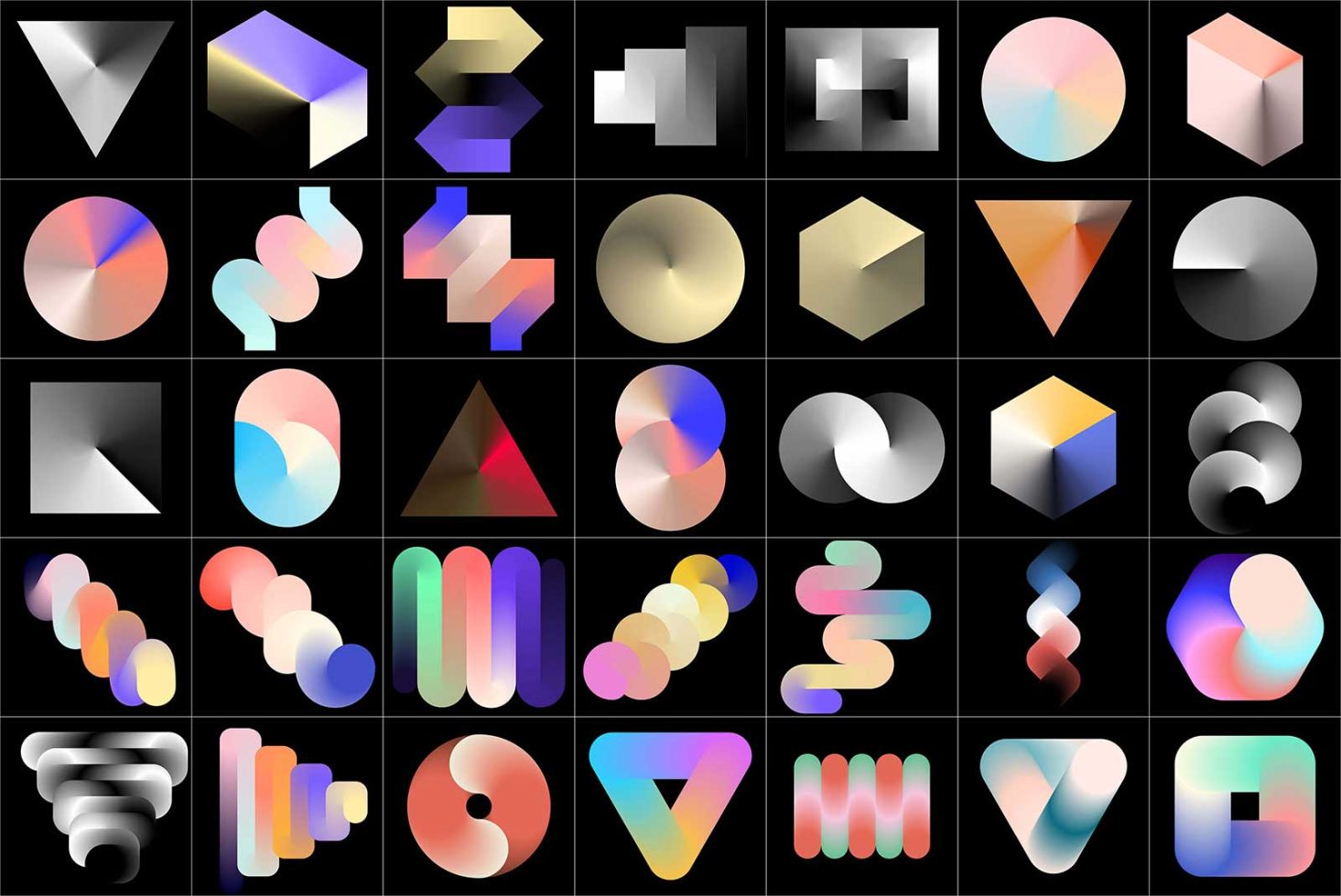 Collection of gradient geometric shapes, 3D elements, colorful design graphics for modern template, mockup, and background creation.