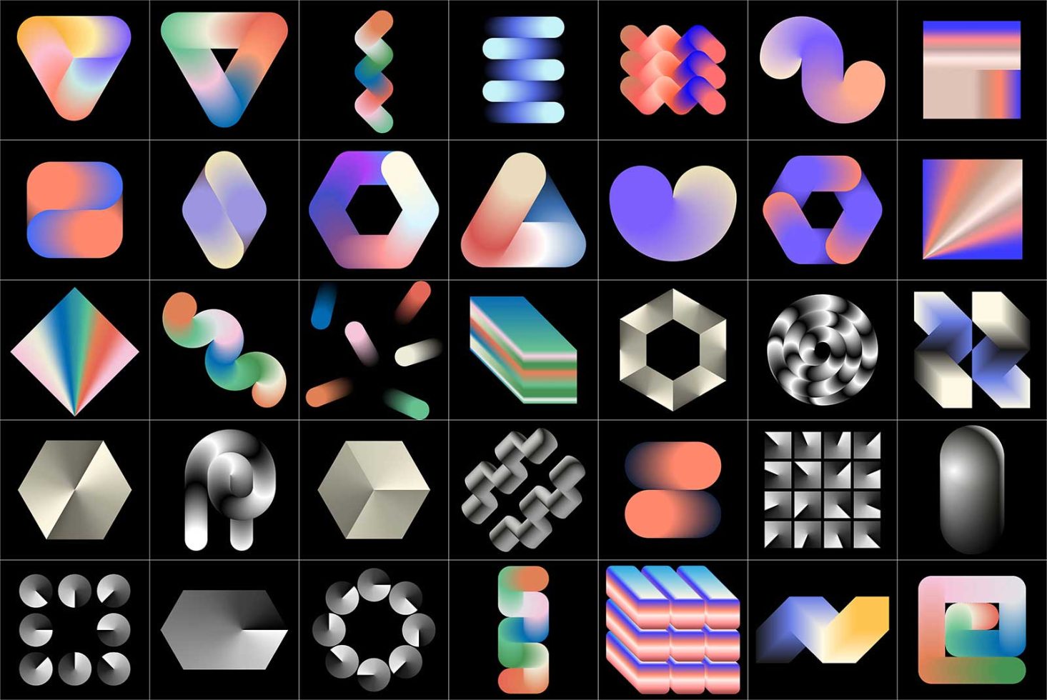 Collection of 3D gradient shapes and abstract elements for modern design projects, suitable for Graphics category with focus on creativity and innovation.