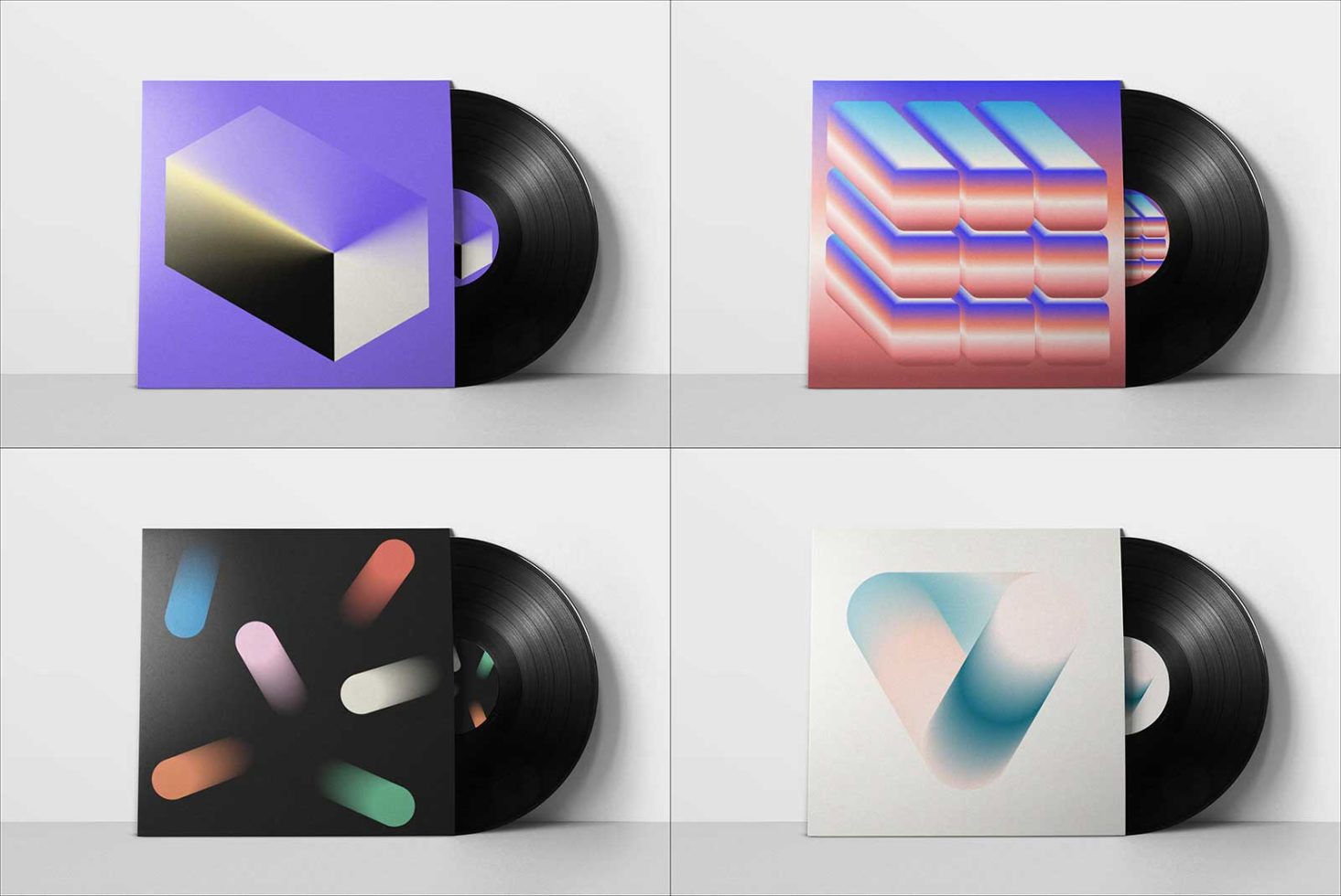 Four vinyl record sleeve mockups with modern abstract designs, ideal for showcasing album artwork or design portfolio pieces for creatives.