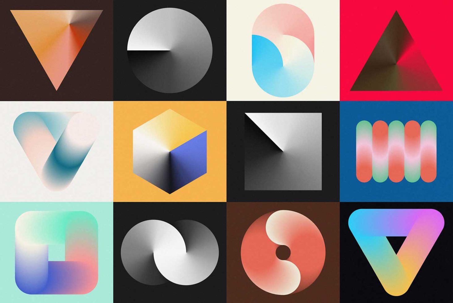 Array of abstract geometric graphics with gradients for modern design projects. Ideal for use in templates, backgrounds, and cover art.