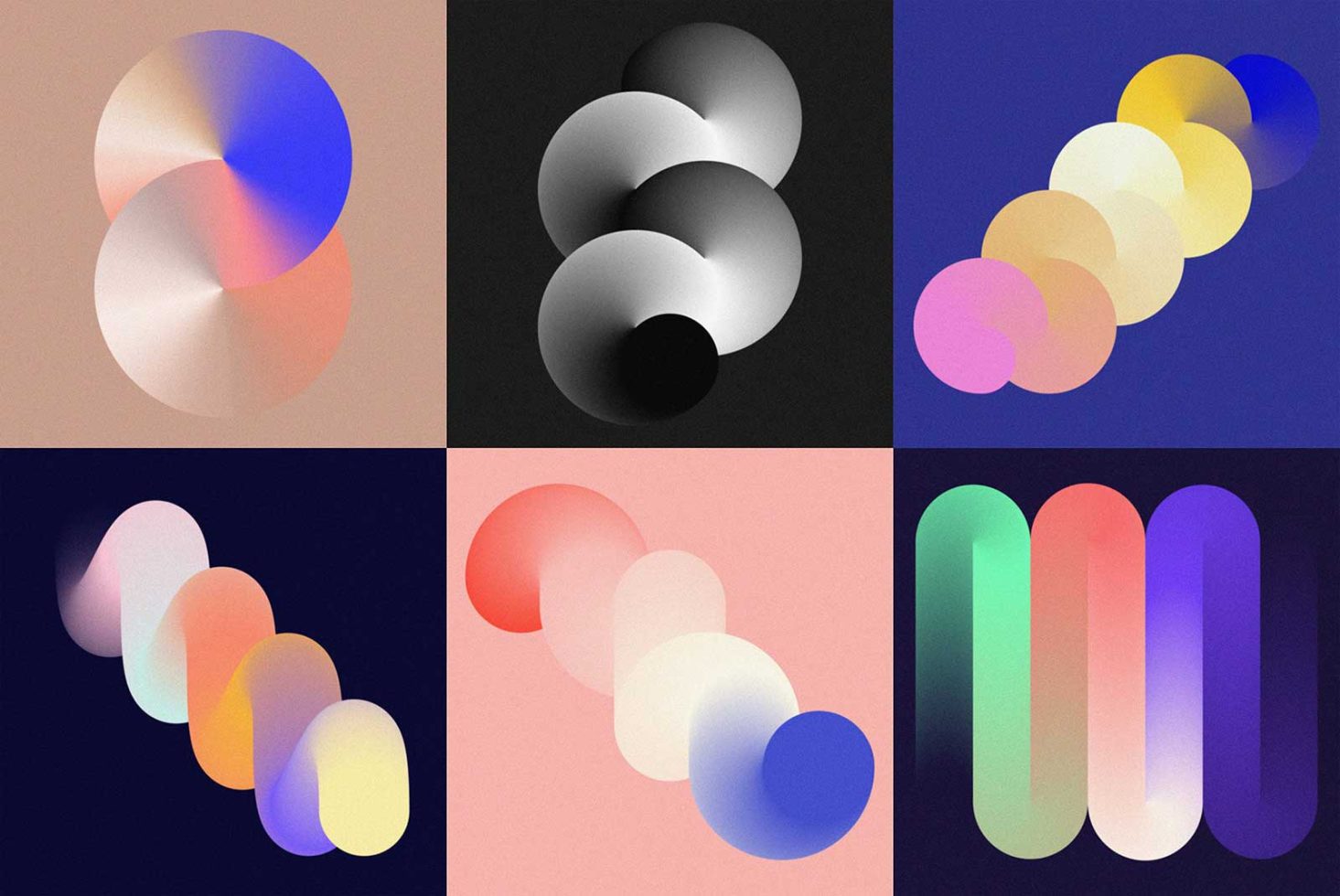 Set of six colorful gradient shapes graphics, ideal for modern design projects, backgrounds, and abstract art components.