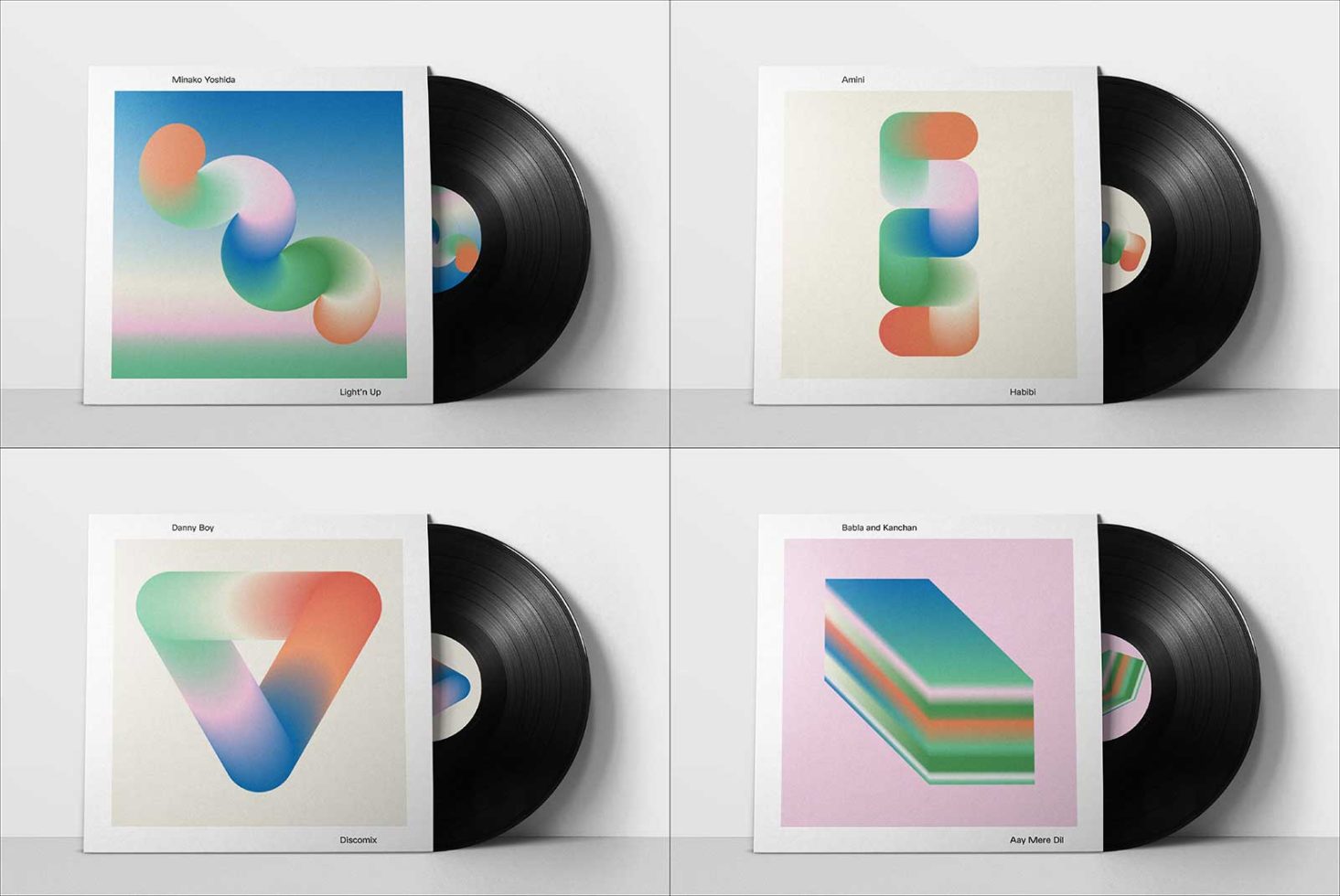 Vinyl record mockups with colorful abstract album cover designs, showcasing modern graphics for music branding.