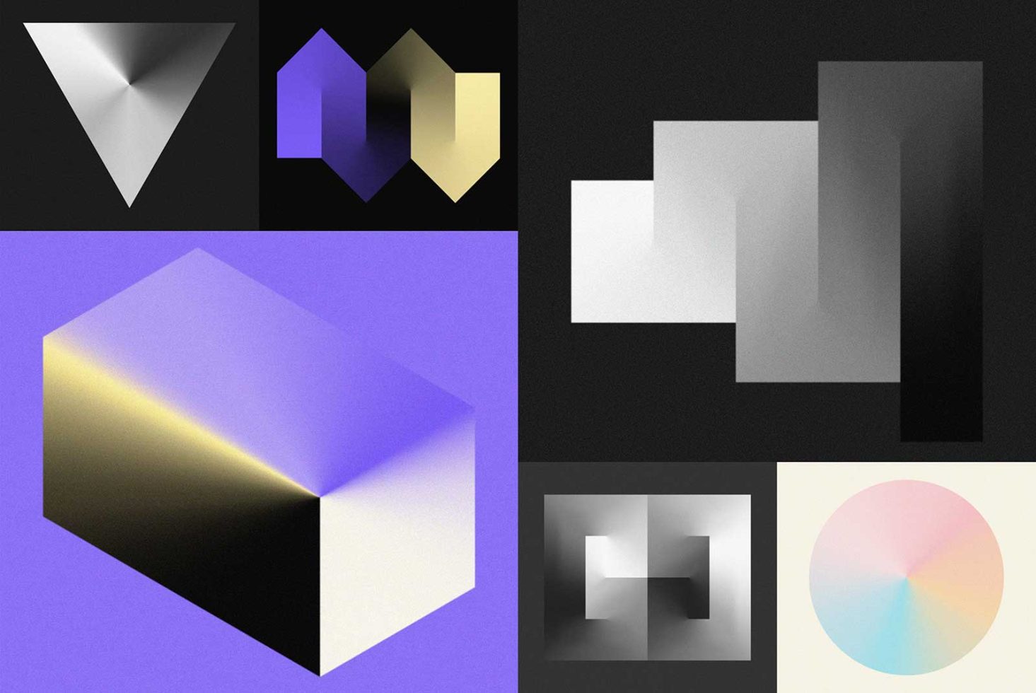 Collection of geometric shape graphics in various textures and colors, suitable for design elements, mockups, and visual concepts.