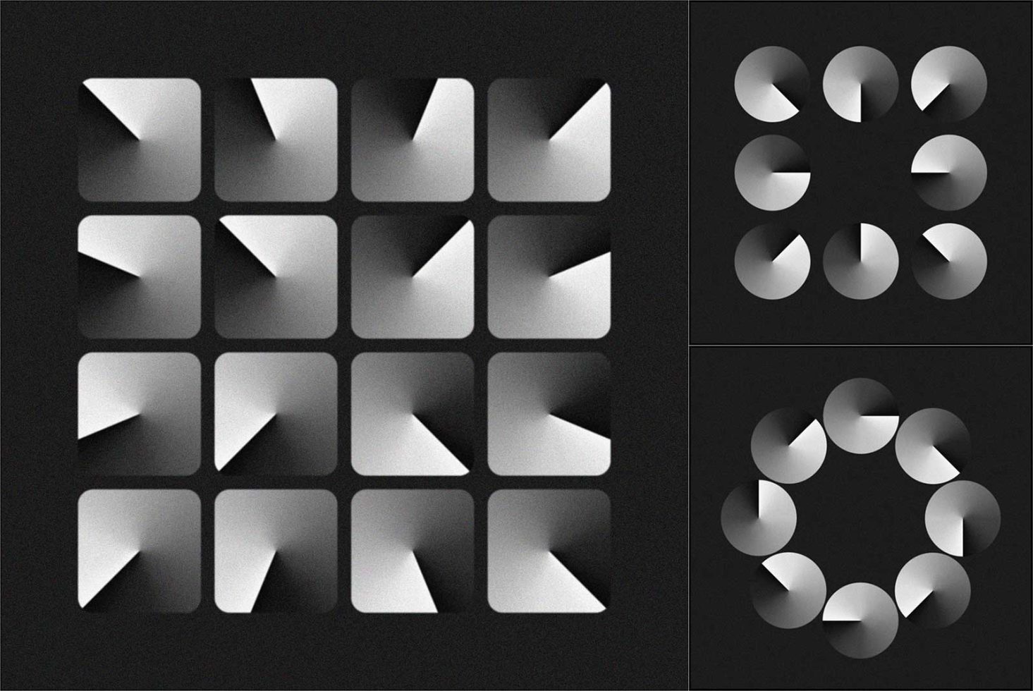 3D geometric shapes on dark background displaying various shadows and highlights, ideal for mockups, graphic design, and visual effects.