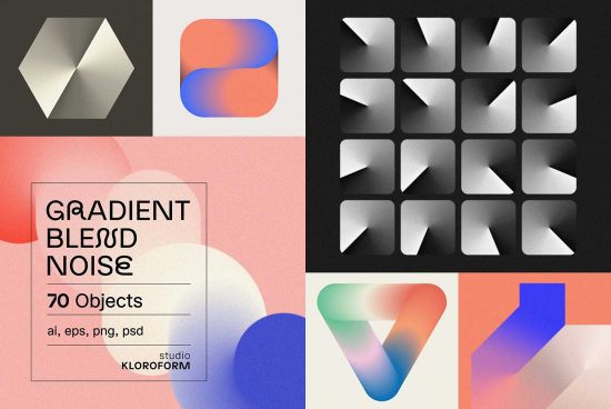 Graphic design asset collection with abstract shapes, gradients, and noise texture for creative projects in ai, eps, png, psd formats by KLOROFORM studio.