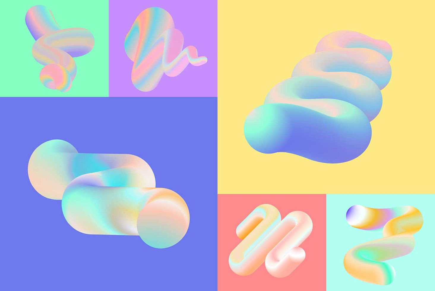 3D fluid shapes with gradient colors on pastel backgrounds, suitable for modern graphic design elements, trendy illustrations, abstract.