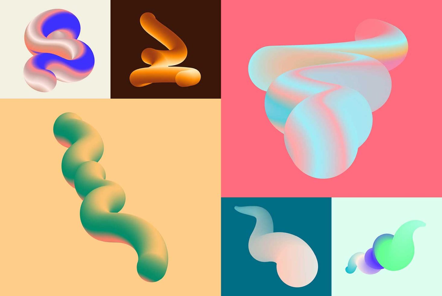 3D abstract fluid shapes collection with vibrant gradients for graphic design, creative backgrounds, and modern art templates.