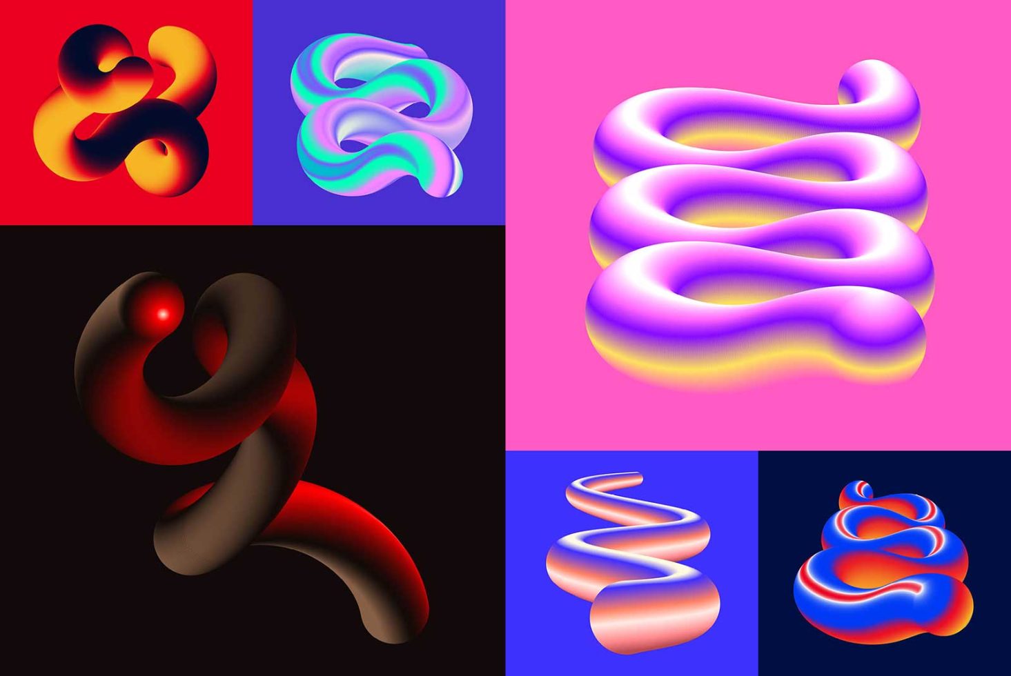 Abstract 3D fluid shapes collection with vibrant gradients ideal for modern design projects, graphics, creative backgrounds, templates.