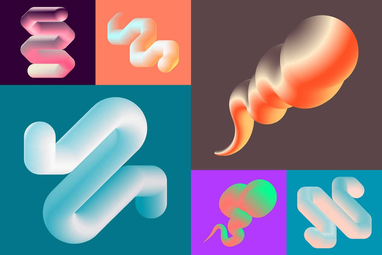 3D abstract shapes collection in various colors and gradients, perfect for graphic design, digital art, and creative projects.