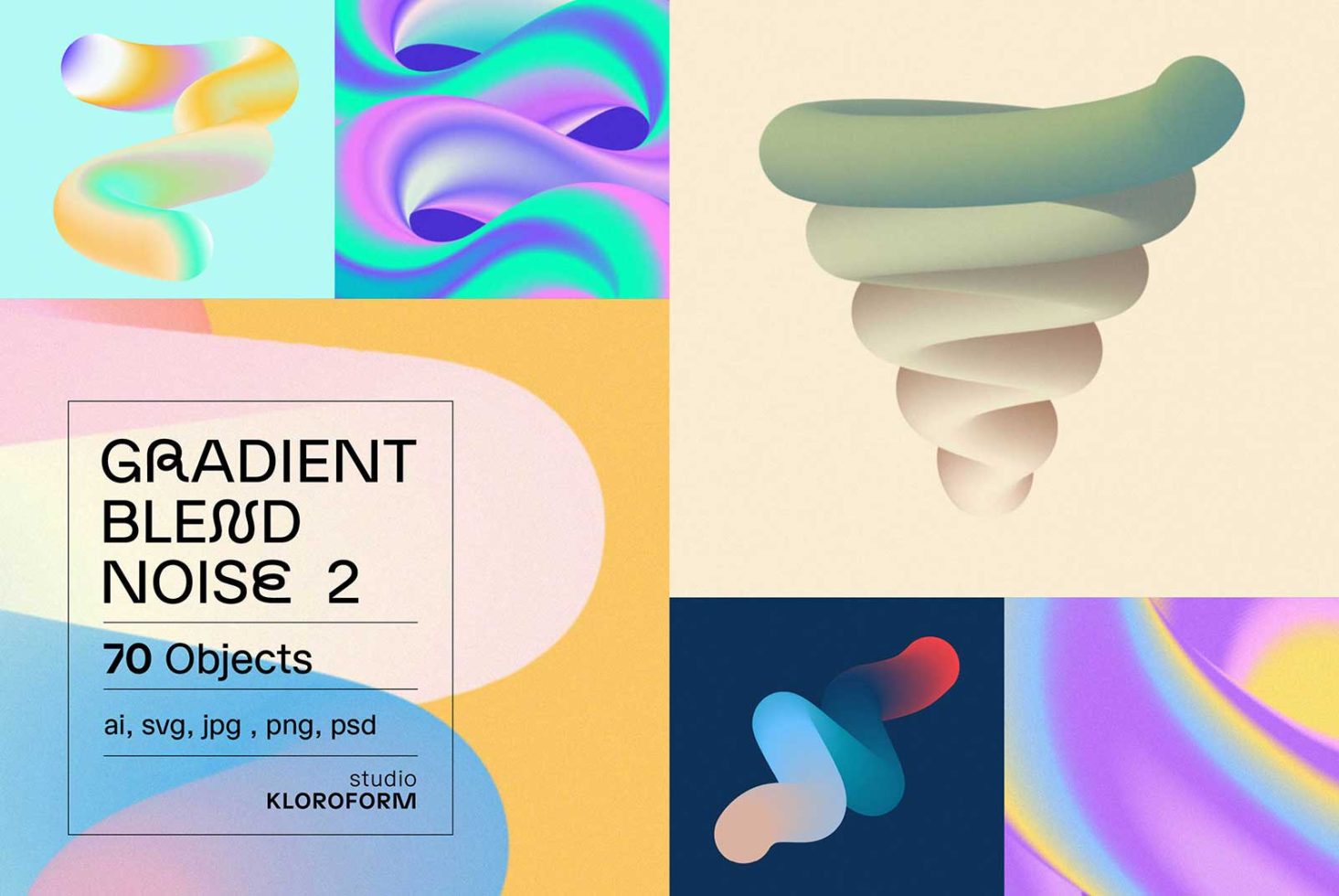 Gradient blend noise graphics pack with 70 elements in ai, svg, jpg, png, psd formats ideal for designers to enhance projects with vibrant, abstract designs.