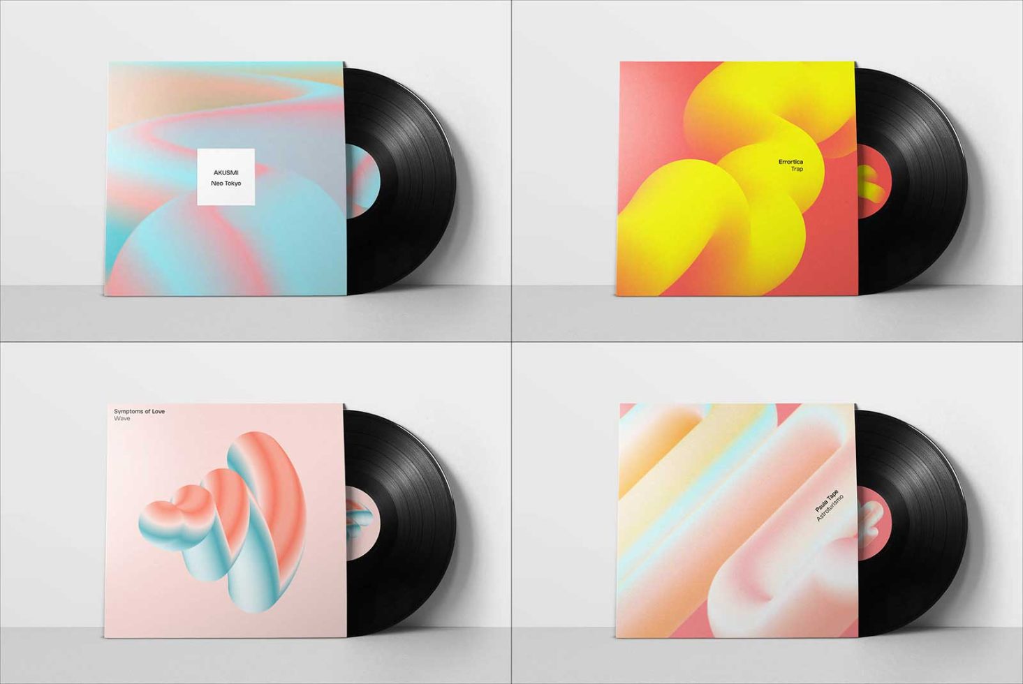 Vinyl record mockups with vibrant colorful abstract cover designs for music album presentation, graphic design showcase, modern templates.