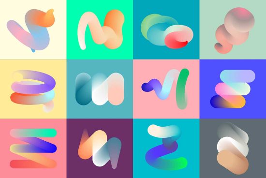 Vector abstract 3D shapes collection with gradient colors on different backgrounds, ideal for modern graphics, backgrounds, and design elements.