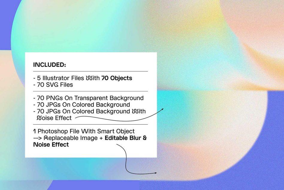 Digital asset package for designers including Illustrator and Photoshop files with SVG, PNG, and JPG formats, featuring editable objects and noise effect.