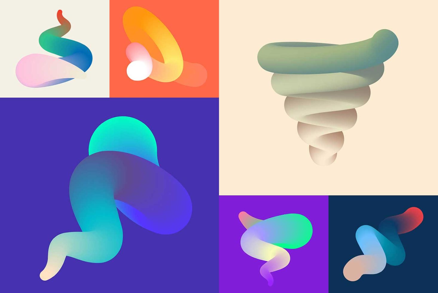 Collage of six abstract shapes with gradient colors, ideal for graphics, backgrounds, and design elements in digital artwork.