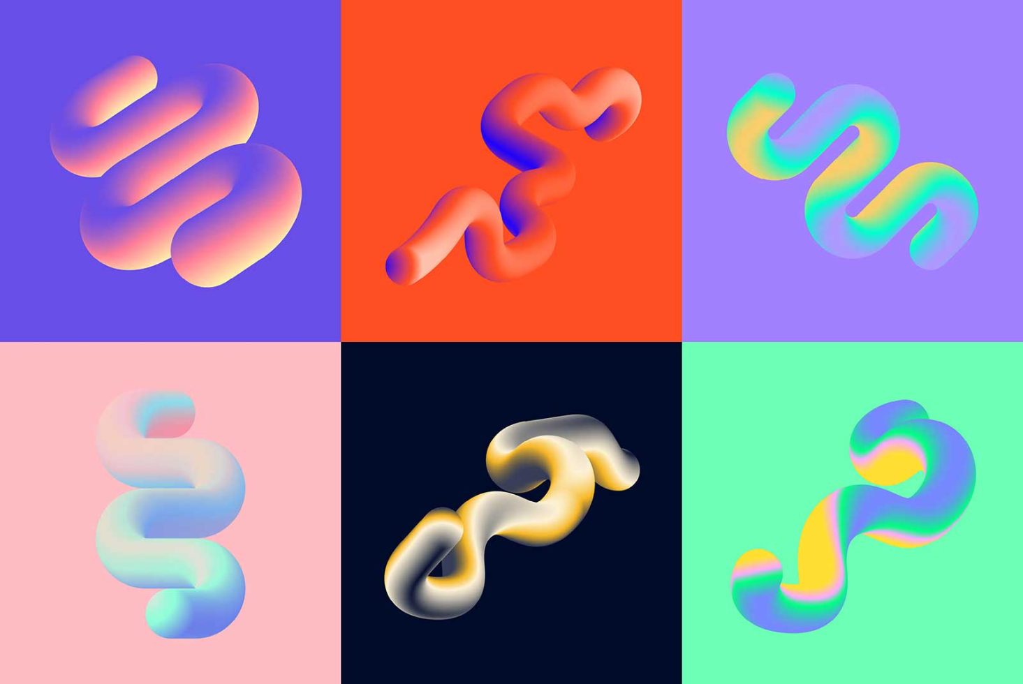 3D gradient shapes collection in various colors for modern design, digital art, graphic elements, abstract backgrounds. Ideal for mockups and templates.