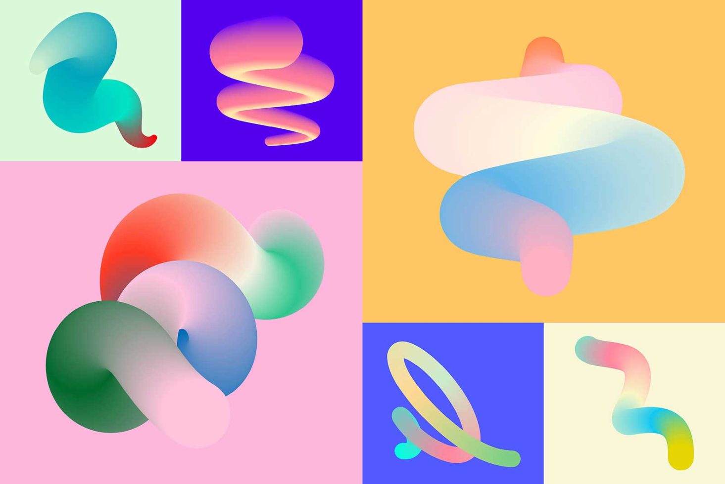 Vibrant gradient abstract shapes collection, ideal for modern graphics and designs, featuring smooth colorful forms on various backgrounds.