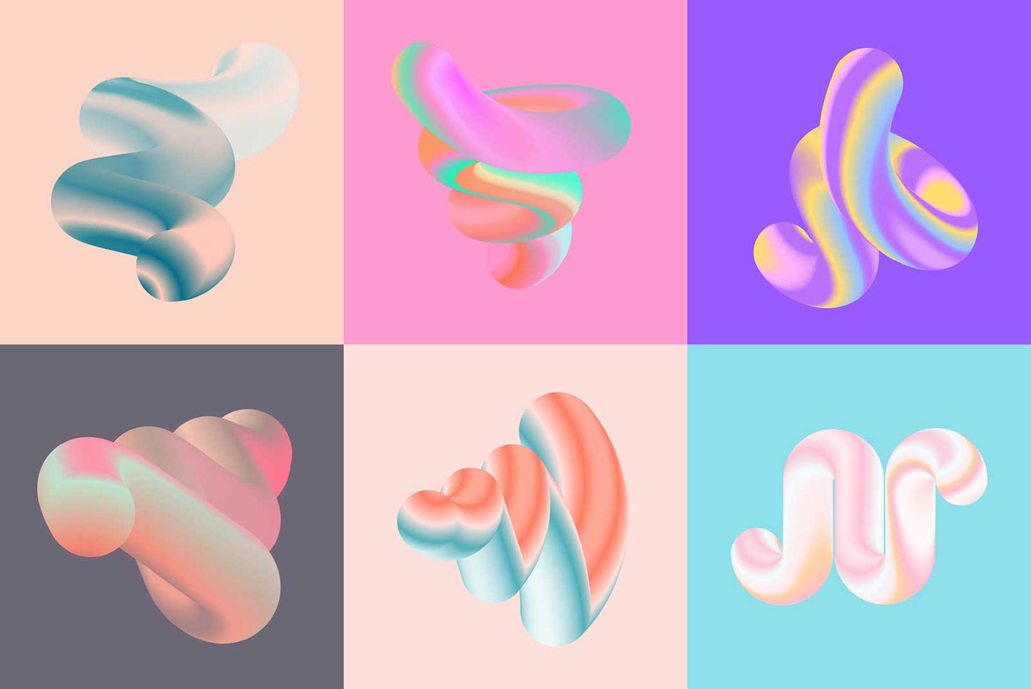 Collection of six pastel colored 3D abstract shapes on gradient backgrounds, ideal for modern graphic design, backgrounds, or templates.