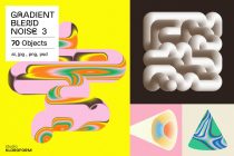 70-object gradient blend noise collection showing flowing shapes, clay 3D form on dark