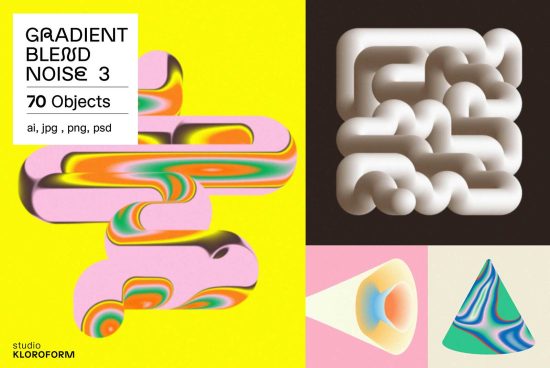 Abstract gradient blended noise design elements on bright backgrounds, available in AI, JPG, PNG, PSD formats by Studio Kloroform, for creative projects.