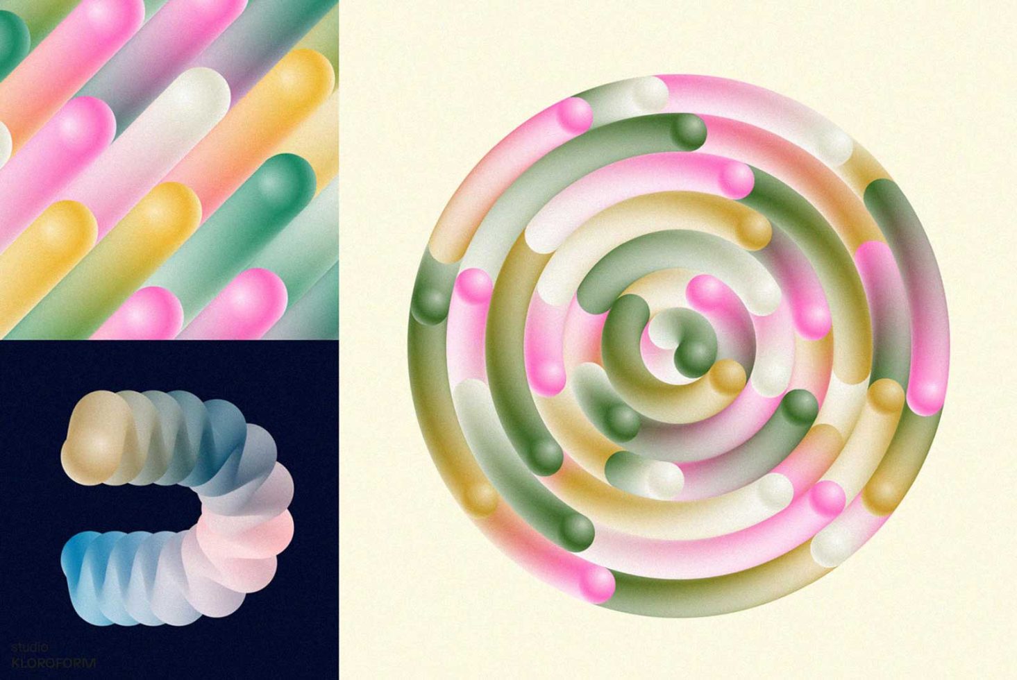 Colorful 3D abstract graphics of spiral and tubular shapes in pastel tones, perfect for modern design aesthetics in graphics category.