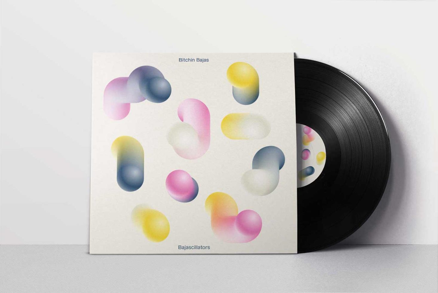 Vinyl record sleeve mockup with abstract colorful design, modern music album cover, graphic design asset for presentation.