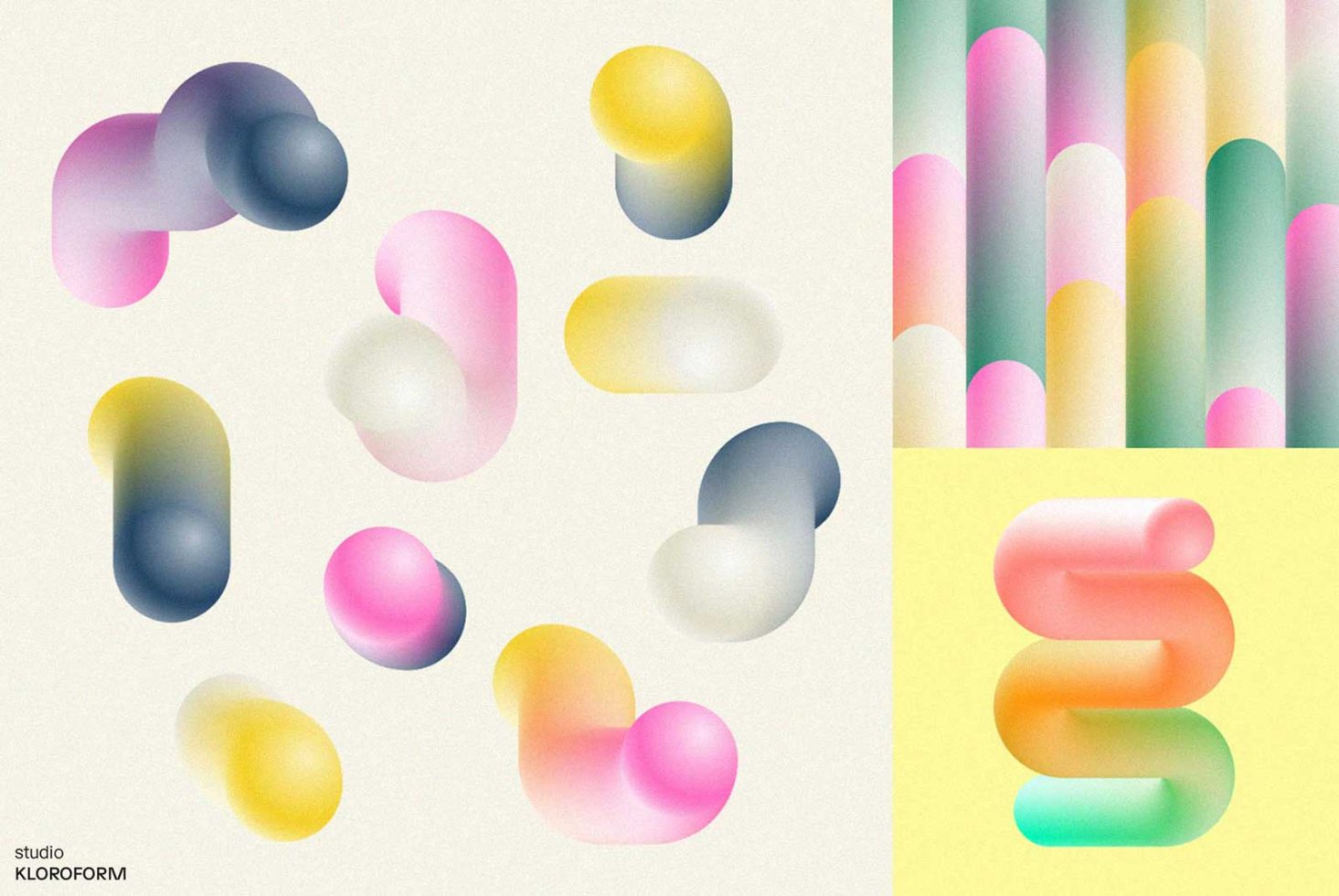 Vibrant 3D abstract blobs and cylinders in pastel colors, perfect for mockups, graphics design elements, and digital art templates.