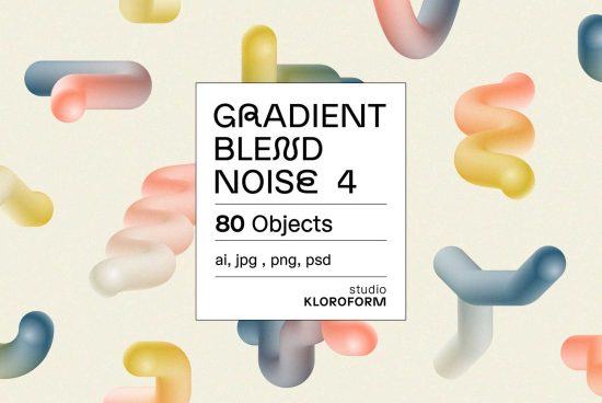 Gradient blended shapes with noise effect, 80 graphic design elements in AI, JPG, PNG, PSD by Studio Kloroform for creative projects.