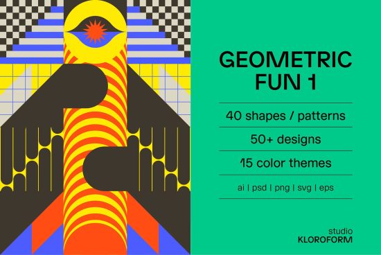 Bold colorful geometric patterns collection from studio KLOROFORM with 40 shapes, 50+ designs, and 15 color themes, available in ai, psd, png, svg, eps formats.