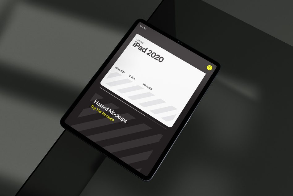 Black iPad 2020 mockup on dark geometric background, showcasing UI/UX design, digital assets for graphic designers, high-quality tablet presentation.