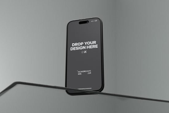 Smartphone mockup on a reflective surface with screen prompting to drop design here, ideal for app presentation, clean modern look.