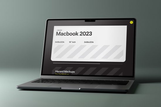 Laptop mockup on green background featuring a modern Macbook 2023 design, ideal for presentations and web templates for designers.