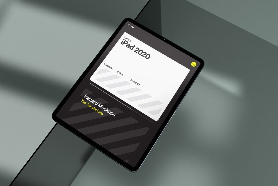 Modern black iPad digital mockup on a reflective surface with a stylized interface, ideal for app design presentation, graphic display, and portfolio showcase.