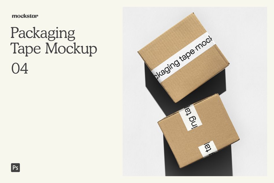 Stacked kraft boxes with white tape strips on dark shadow background