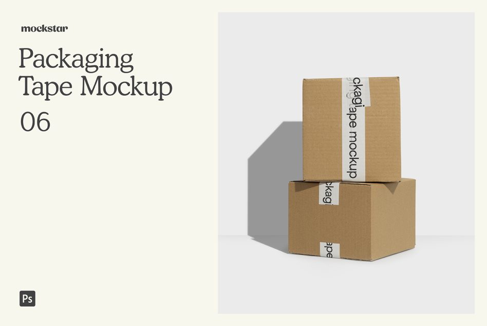 Two stacked kraft boxes with vertical white tape bands showing text