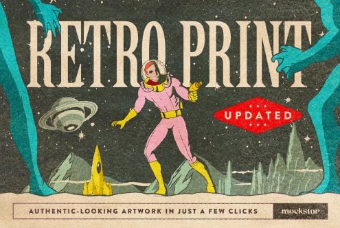Retro space explorer in pink suit on alien planet with geometric shapes