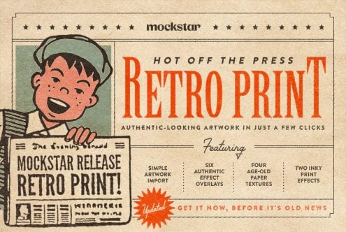Vintage newspaper ad for retro print mockup with smiling newsboy character
