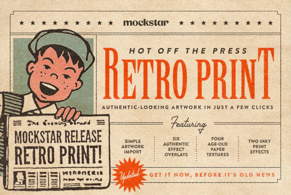Vintage newspaper ad for retro print mockup with smiling newsboy character