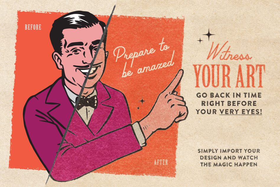 Retro magician with purple suit pointing at split before after design layout