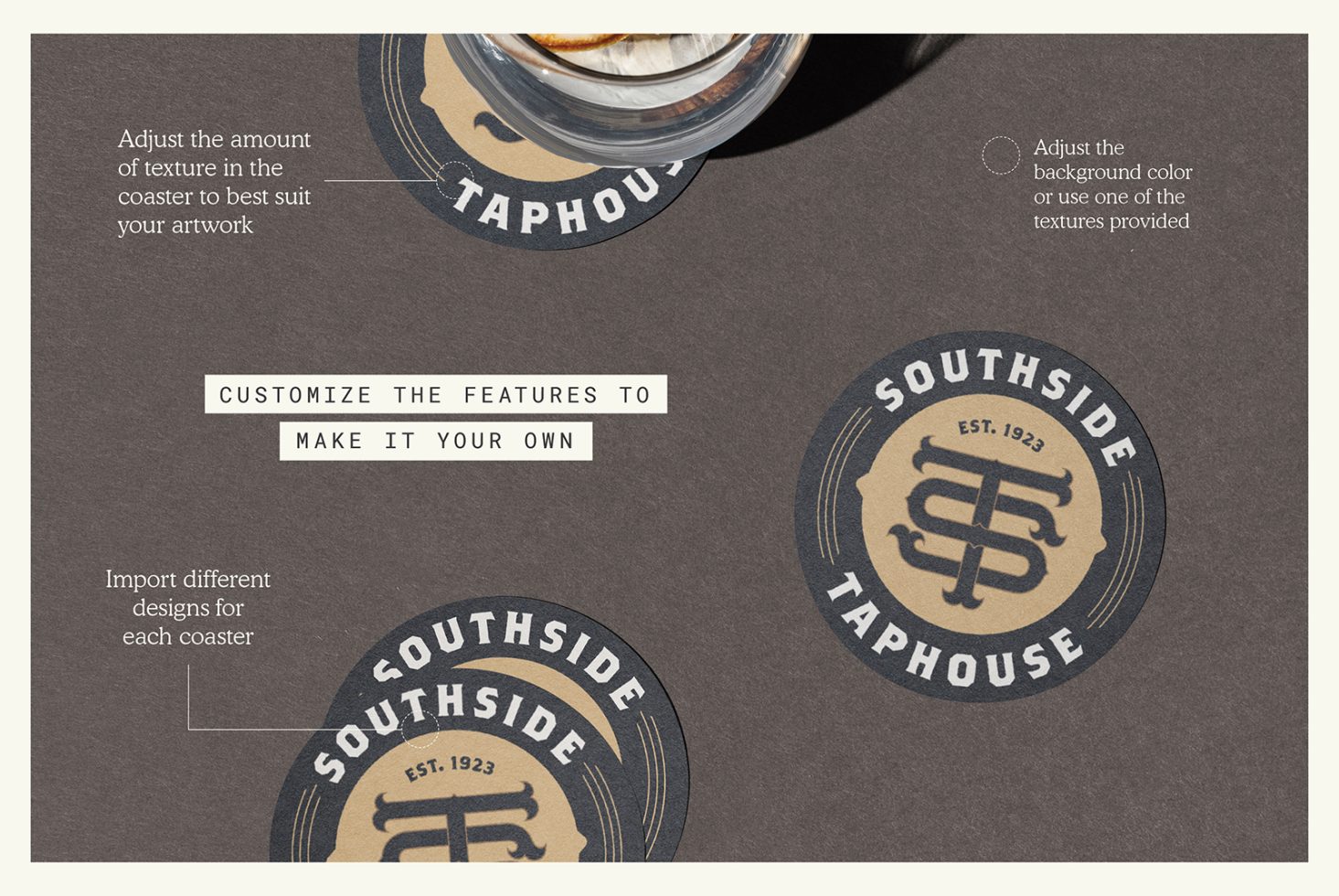 Custom coaster mockup featuring two drink coasters with vintage Taphouse logo design on a textured grey surface, ideal for presenting branding graphics.