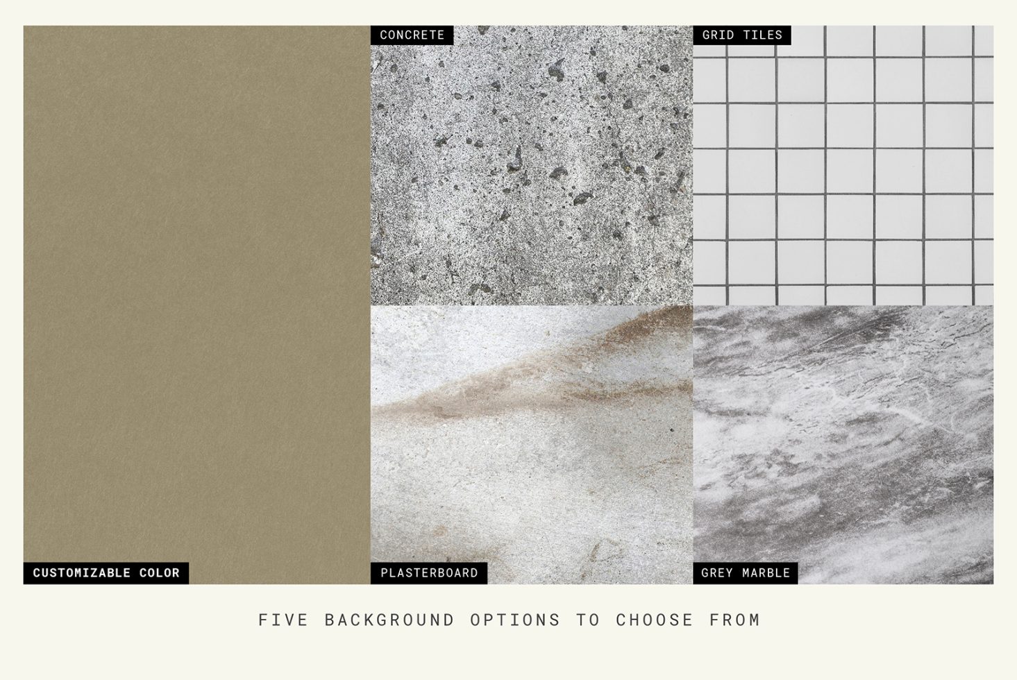 Various textured background samples including customizable color, concrete, grid tiles, plasterboard, and grey marble for design mockups.