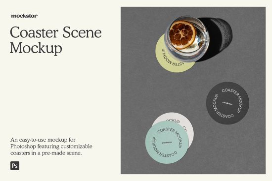 Customizable Coaster Scene Mockup for Photoshop with drink, shadows, and layered design elements, ideal for presentations and branding.