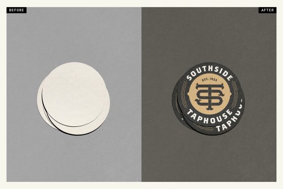 Logo mockup on coasters before and after demonstration, depicting branding transformation for Southside Taphouse, vintage design, graphic designers asset.