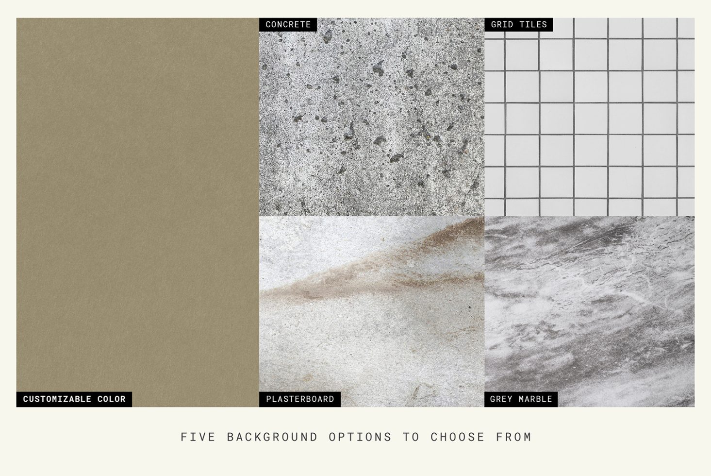 Texture pack showcasing five different backgrounds—customizable color, concrete, grid tiles, plasterboard, grey marble for design mockups and templates.