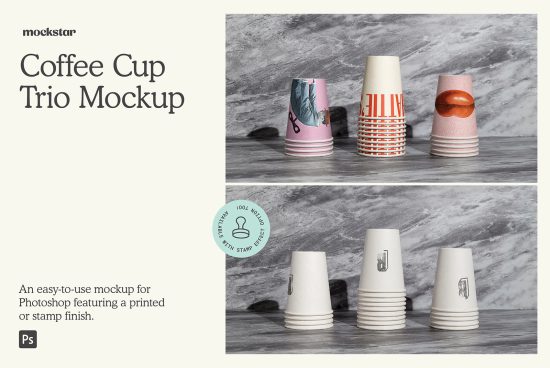 Photoshop-ready coffee cup mockup showcasing 3 design variations on marble texture, ideal for portfolio display and branding projects.