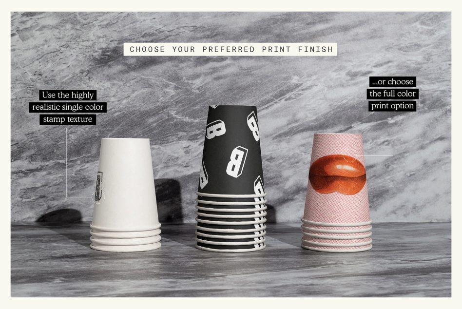 Three stacked disposable cups on marble surface showcasing different print finishes for design mockup with annotations.