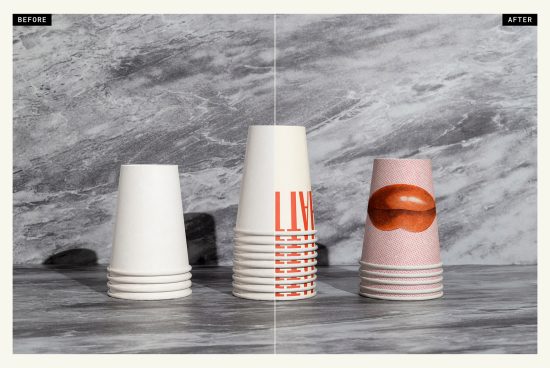 Before and after comparison of cup mockup design, showing blank and printed paper cups on a marble background for graphic design assets.